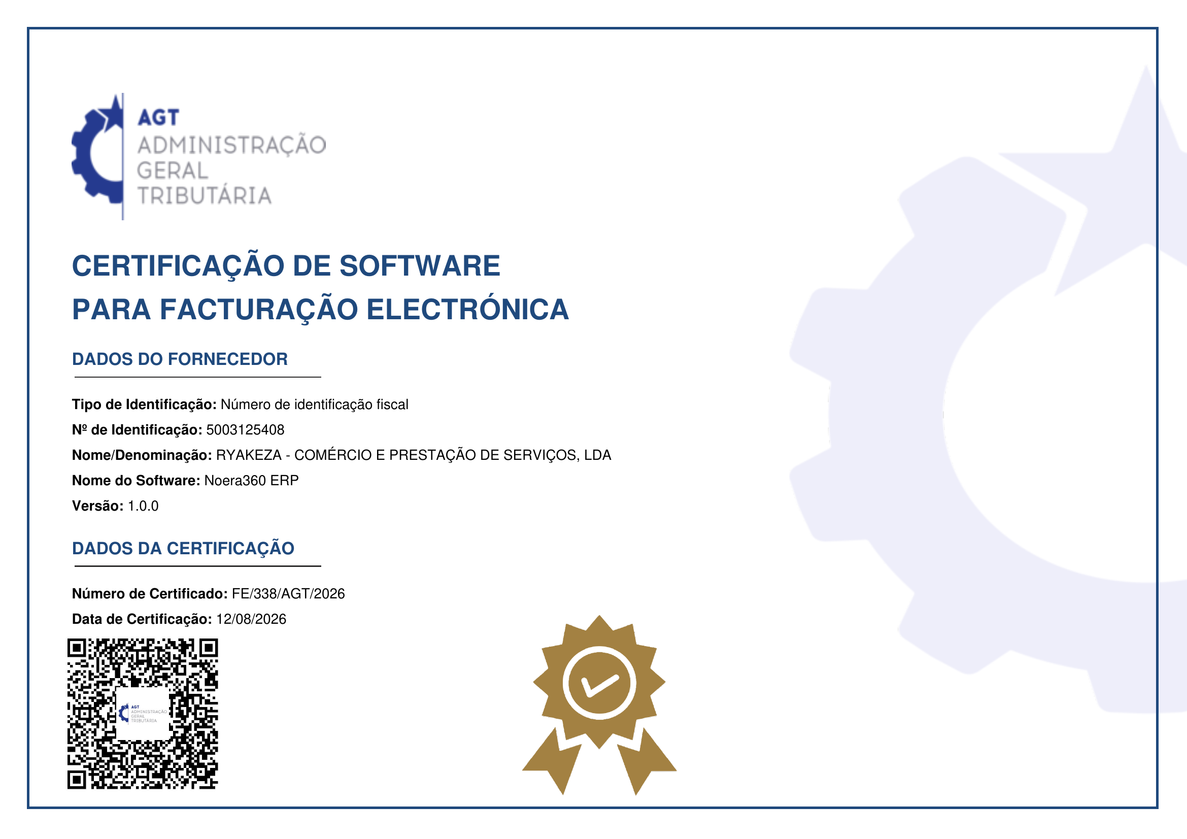 Certificação AGT Noera 360 ERP